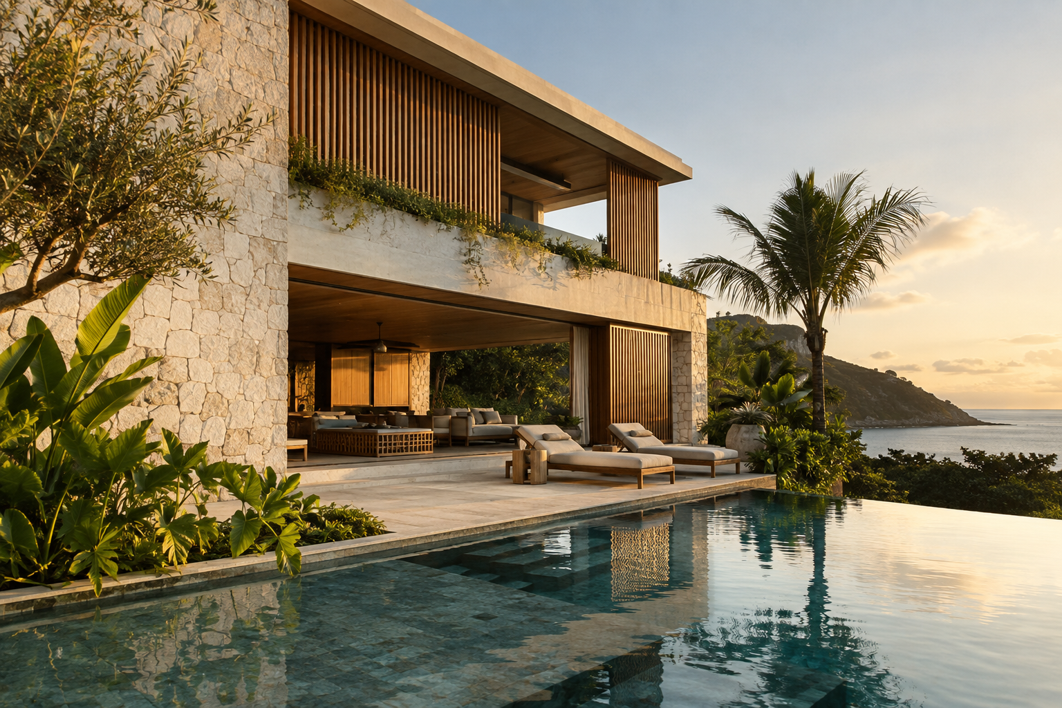 Arquitetura contemporânea com fachada em pedra clara e madeira, cercada de vegetação